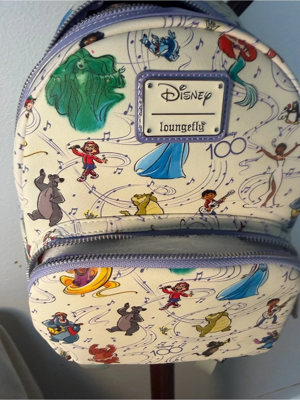Disney Loungefly Kids Cream Disney 100 Characters Mini Backpack with Purple Trim